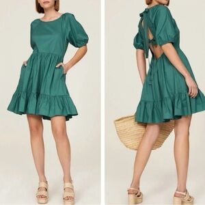 Peter Som Puff Sleeve Tiered Mini Dress Open back, green, cotton, spring, 2